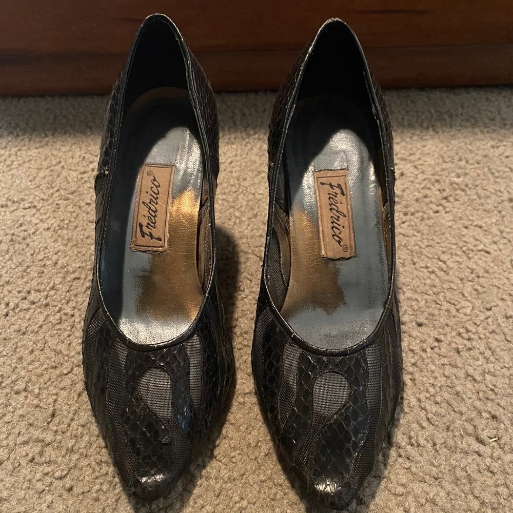 Black Snake Skin & Mesh High Heels
